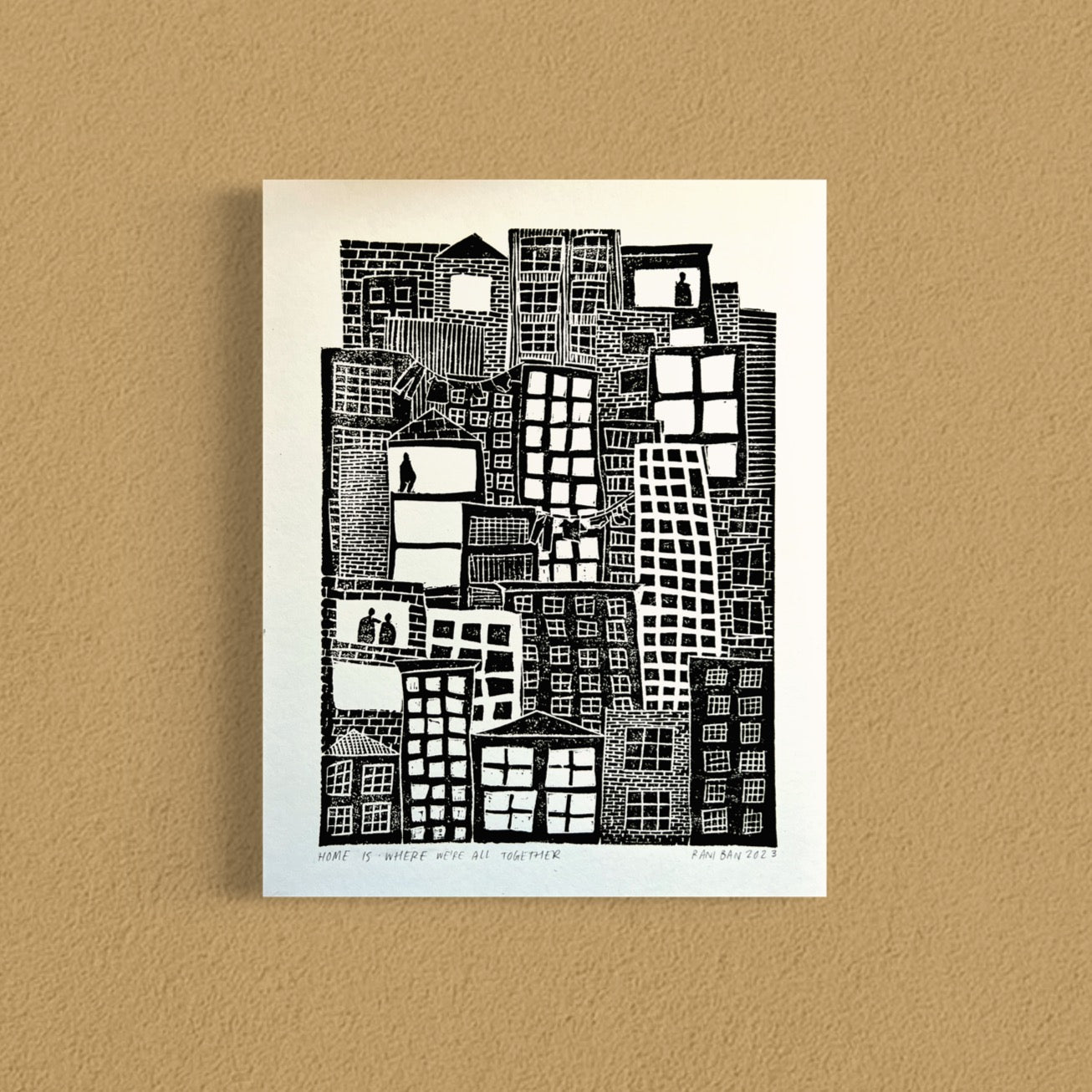 “Home is where we’re all together” Hand-inked Lino Print